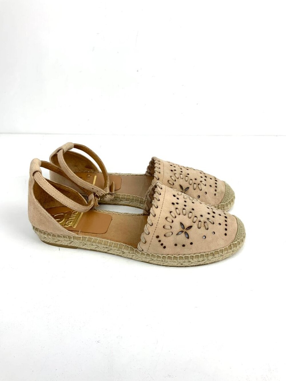 Kanna Flat Closed Toe Tan/Blush Nutbuck Laser Cut Ankle Strap Espadrilles Sz 39 - Picture 6 of 16